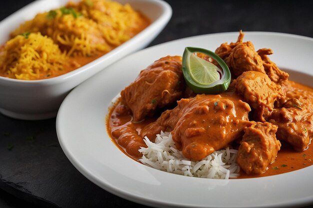 Butter chicken served with a side of onion bhaji