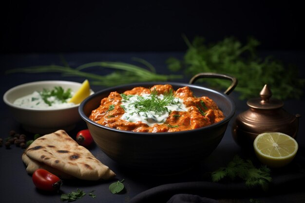 Butter chicken served with a side of spicy mango chutney and naan bread