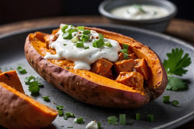 Photo butter chickenstuffed sweet potatoes topped with yogur