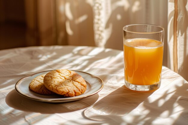 Butter cookie and orange juice on the table Generative AI