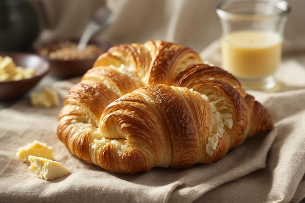 Butter croissant placed on linen fabric