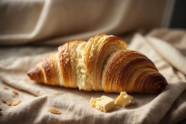 Butter croissant placed on linen fabric