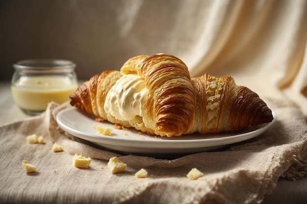 Butter croissant placed on linen fabric