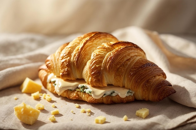 Butter croissant placed on linen fabric