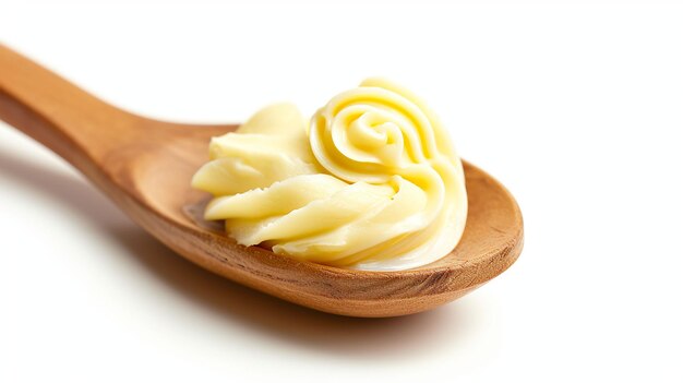 Butter curls or butter rolls on wooden spoon isolated