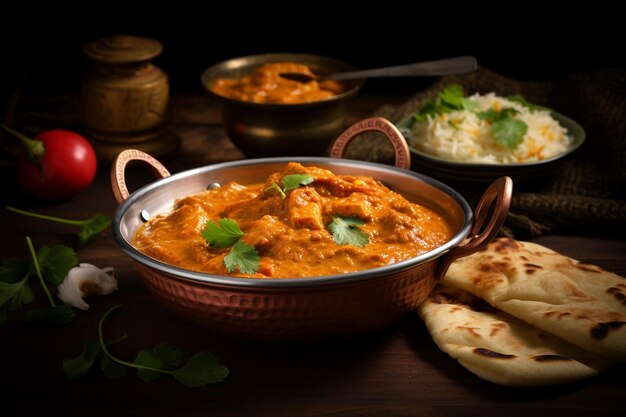 Butter kip geserveerd met een kant van pittige mango chutney en naan brood