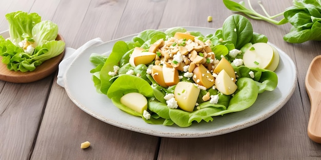 Photo butter lettuce salad with cashew apples feta scallion sesame honeymustard in a plate minimalist