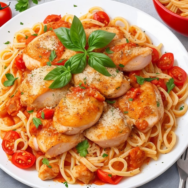 Butter pasta in tomato sauce with chicken