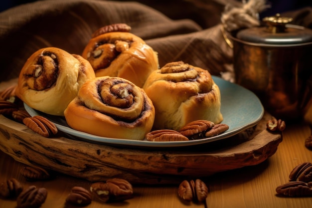 Butter pecan cinnamon rolls on a plate