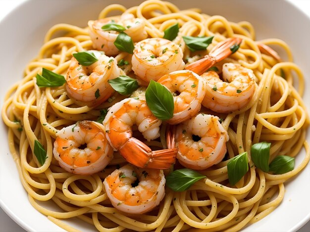 Butter shrimp pasta on table