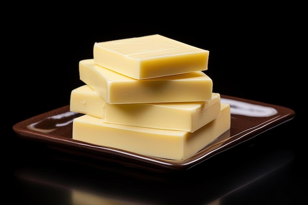 butter that has been placed on a brown plate in the style of multilayered