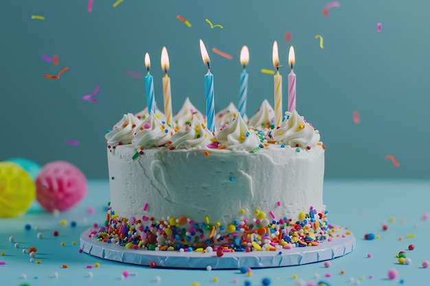 파란색 배경에 다채로운 스프링클과 불이 있는 버터크림 생일 케이크