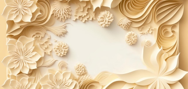 写真 バター クリーム色の背景、中央に大きな空きスペース、端にある美しい折り紙の花のシルエットはがき生成 ai