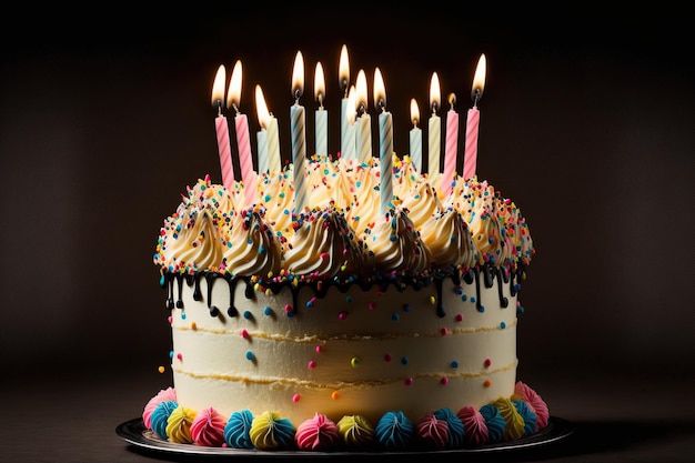 Buttercream topped birthday cake with vibrant candles