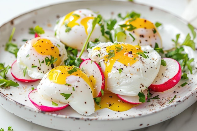 Buttered breakfast radishes with poached eggs on a plate on white background