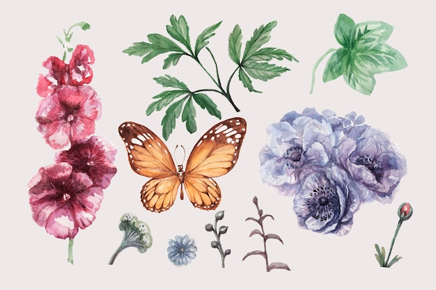 Butterflies and anemones pattern watercolor hand drawn