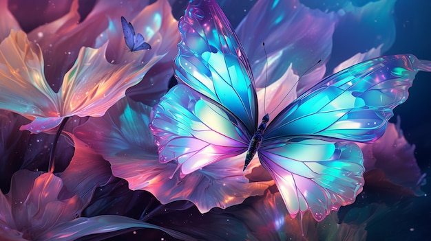 butterflies are flying around a bunch of flowers with blue and pink petals generative ai