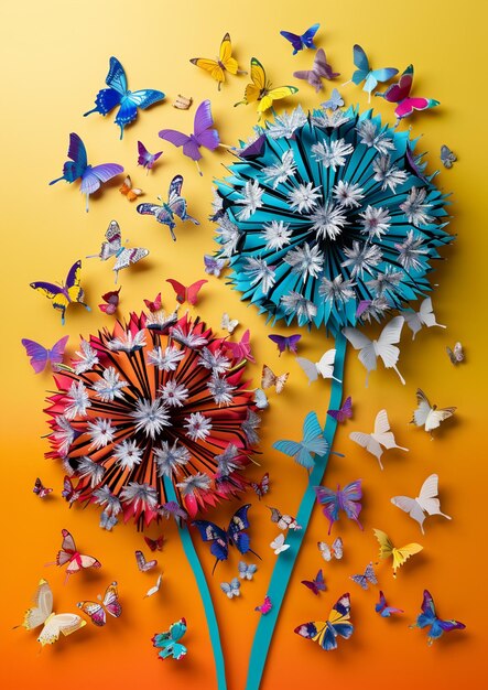 蝶が紙で作られたオオカミの花の周りを飛んでいます