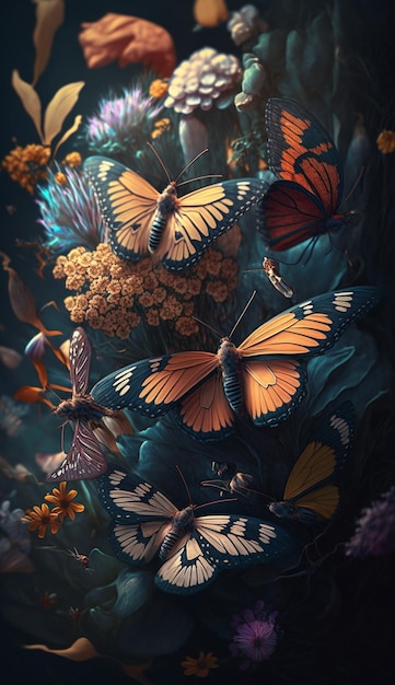 Butterflies are flying around the flowers in a bouquet generative ai