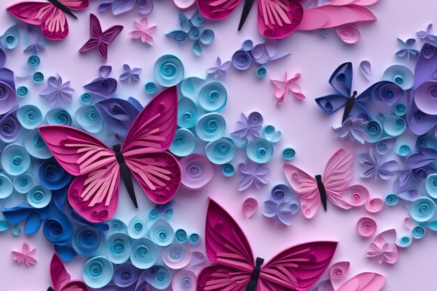 Butterflies are flying around a pink and blue background with paper flowers generative ai