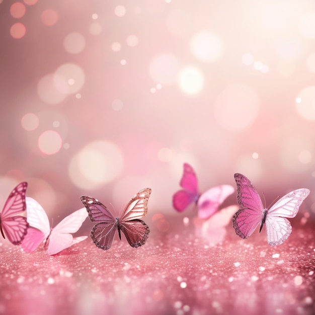 Photo butterflies are flying around on a pink surface with a bokeh background. generative ai.