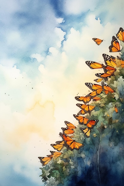 butterflies are flying in the sky above a tree and a cloud generative ai