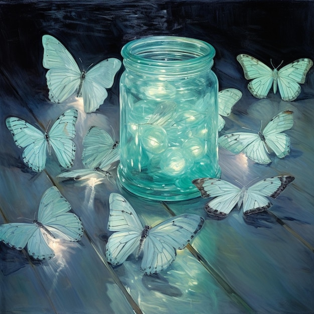 Butterflies are scattered around a jar of water on a table generative ai