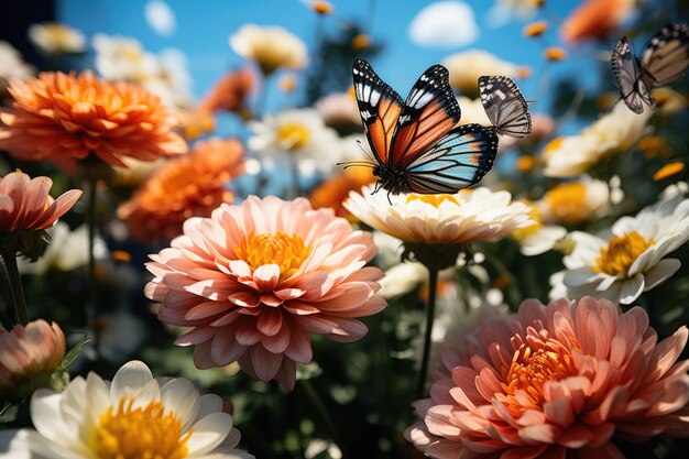 Butterflies and bees in the middle of the flowers generative ia