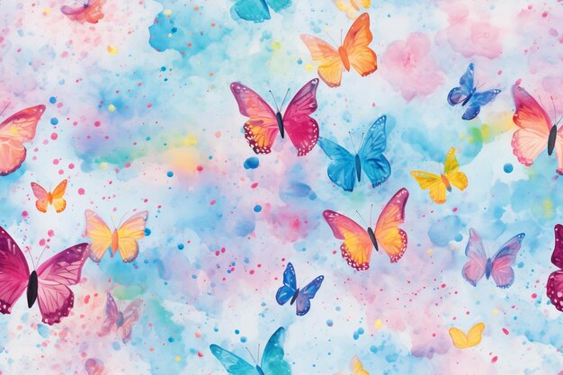 Butterflies in a blue sky with pink and yellow spots generative ai