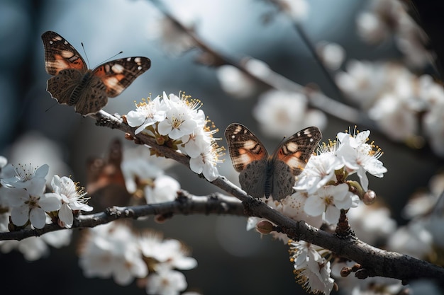 Butterflies on a branch of a cherry tree