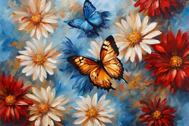 Бабочки на цветах хризантемы, нарисованные масляными красками