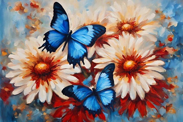 Photo butterflies on chrysanthemum flowers painted with oil paints