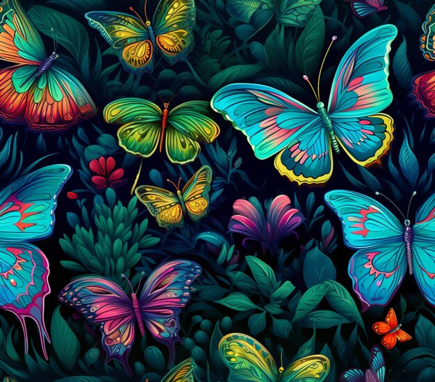 butterflies in the dark with bright colors and green leaves generative ai