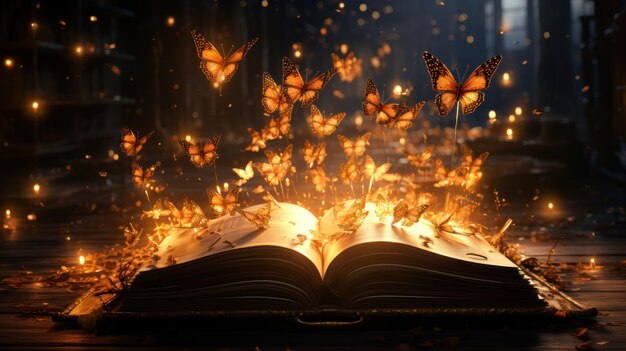 Foto farfalle che emergono da un libro magico mondo incantato di fantasia