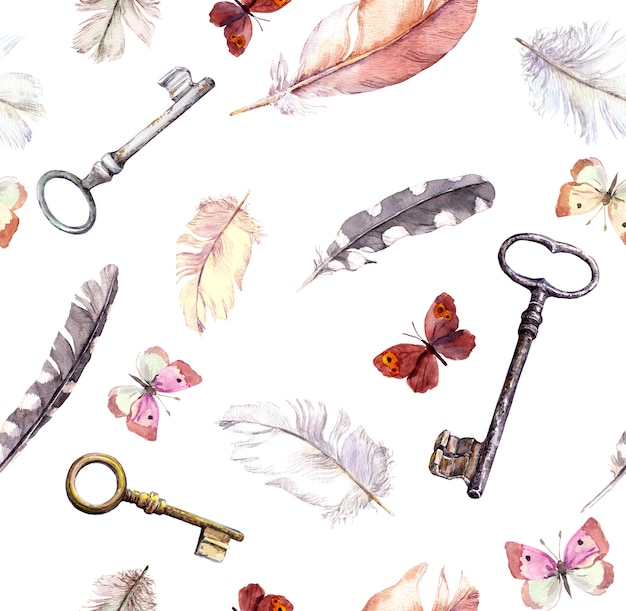 Butterflies, feathers and keys.