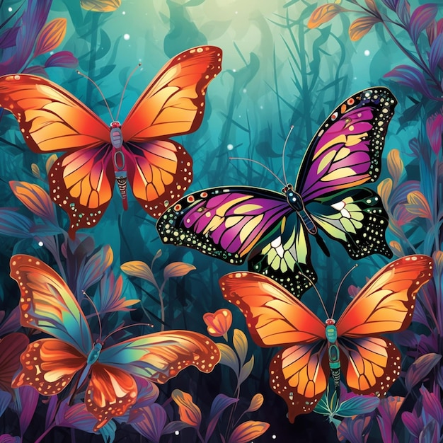 Butterflies in a field of flowers with a bright sun in the background generative ai