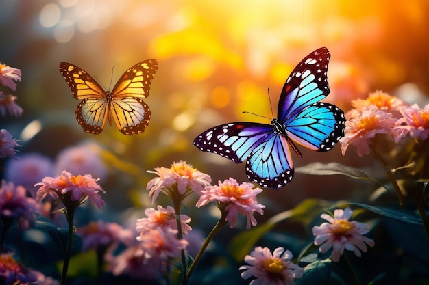 Butterflies on a flower with the sun behind them