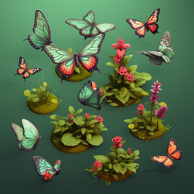 Photo butterflies and flowers are flying around a green surface generative ai