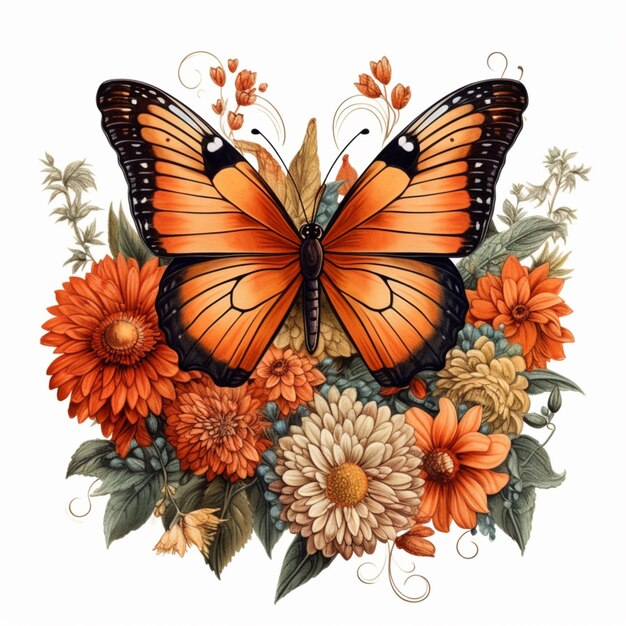 Бабочки и цветы сгруппированы вместе, чтобы создать красивый образ.