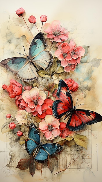 Butterflies and flowers are painted on a piece of paper generative ai