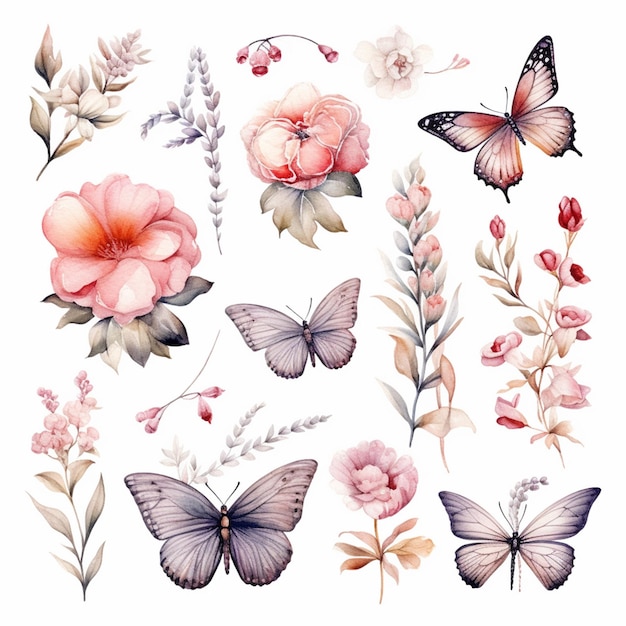бабочки и цветы нарисованы акварелью на белом фоне генеративный ai