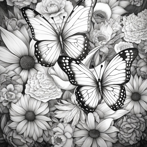 Photo butterflies and flowers are shown in this black and white photo generative ai