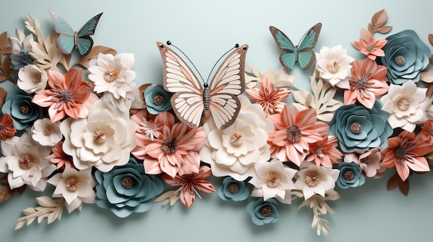 Butterflies and flowers are on a wall with paper flowers generative ai