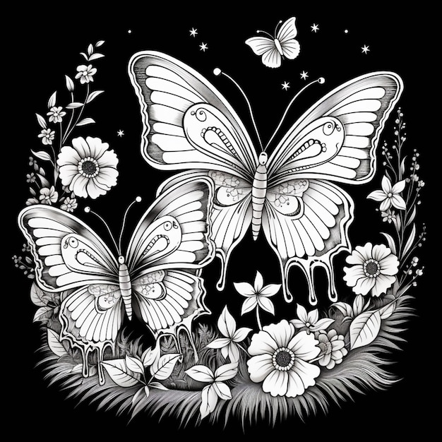 butterflies and flowers on a black background generative ai