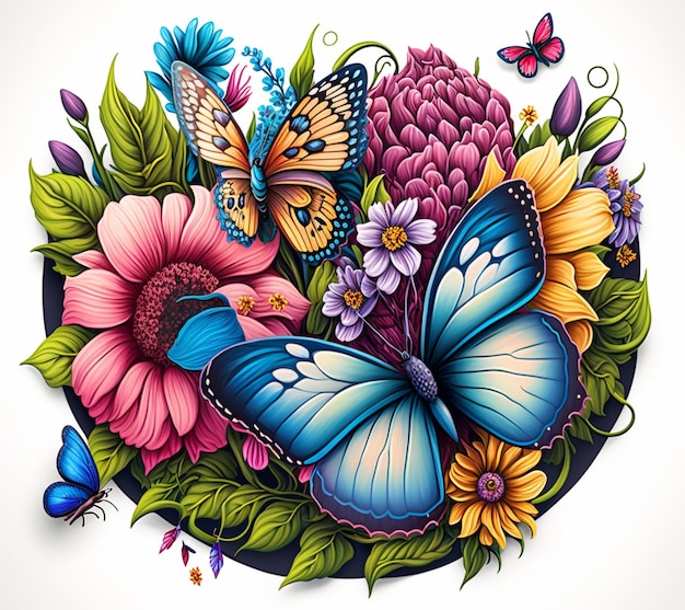 Butterflies and flowers in a circle with leaves and flowers generative ai