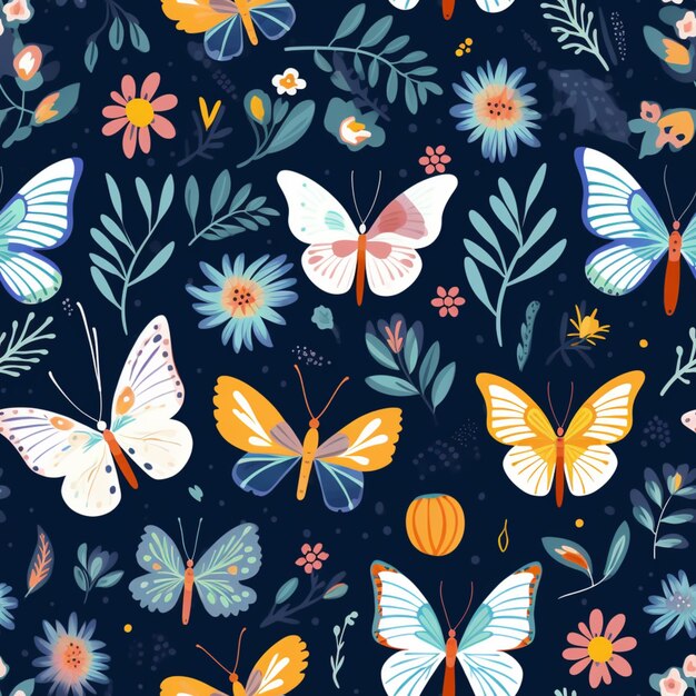 butterflies and flowers on a dark blue background with a blue background generative ai