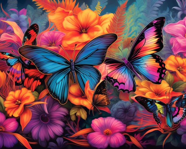 butterflies and flowers in a field of bright colors generative ai