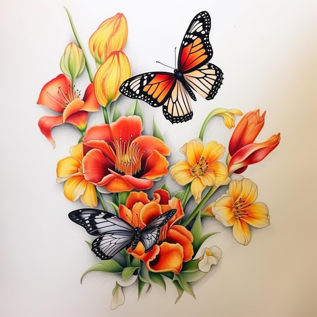 Photo butterflies and flowers painted on a white wall with a butterfly generativ ai