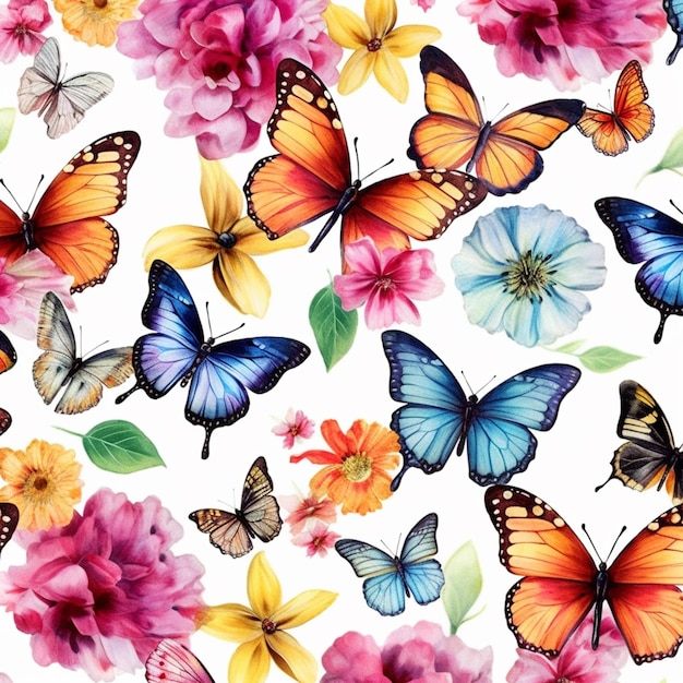 Butterflies and flowers on a white background with a white background generative ai