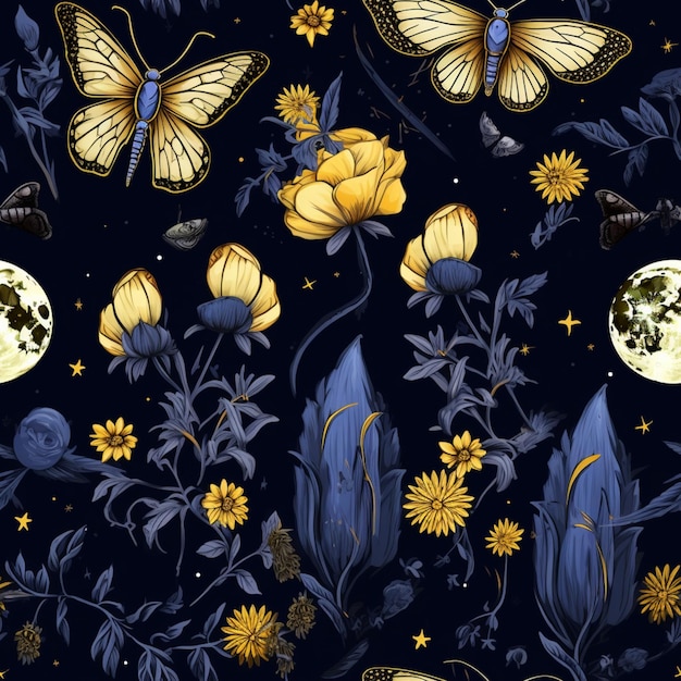 butterflies and flowers with a full moon in the background generative ai